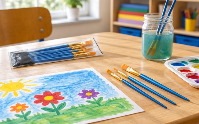 Paint brushes from the set, a few of the brushes beside a child's colorful painting on a classroom table