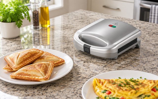 Cuisinart sandwich grill, on a granite kitchen island beside a plate of sealed sandwiches and an omelet
