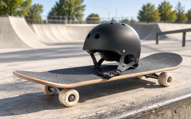 80SIX multisport helmet, resting on a skateboard at the edge of a sunny concrete skatepark