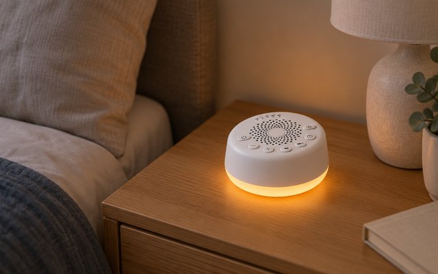 Easysleep sound machine, on a wooden nightstand in a cozy adult bedroom at dusk, a lamp switched off beside it