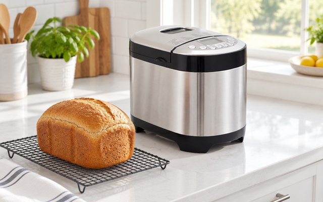 KITCHENARM 29-in-1 bread machine, on a white quartz counter in a bright American kitchen, a fresh loaf cooling on a wire rack beside it