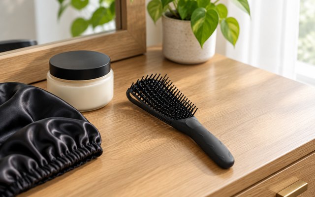 Detangling brush, on a dressing table beside a jar of hair cream and a satin bonnet