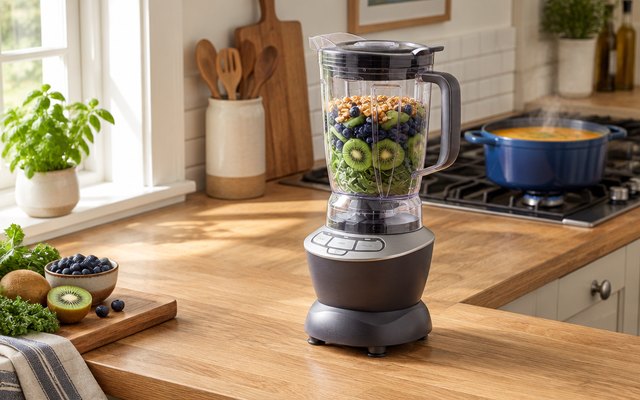 Jug blender, on a wooden worktop in a British farmhouse kitchen, a pan of soup on the hob behind