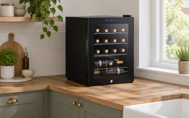 Subcold Viva16 wine fridge, on a kitchen worktop in a modern British kitchen
