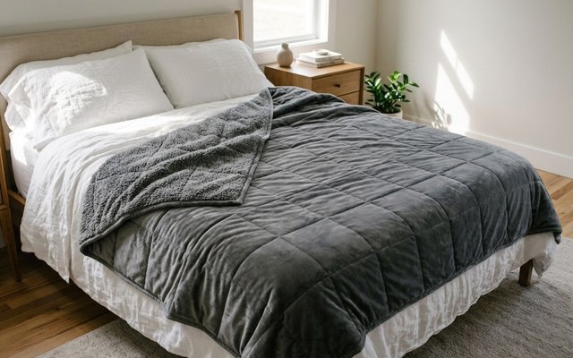 Grey weighted blanket spread across a queen bed in a calm, sunlit bedroom