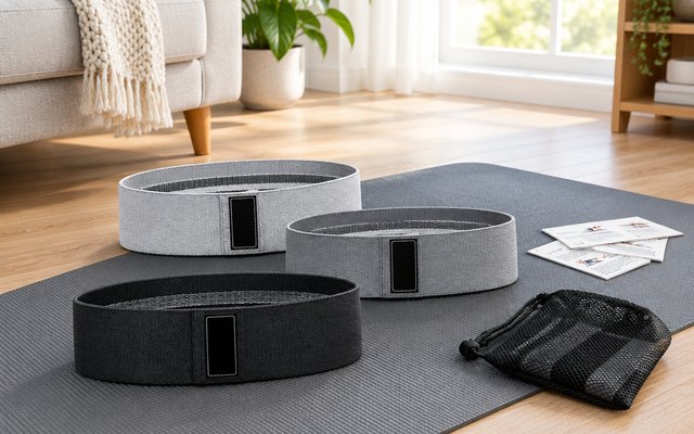 Renoj Fabric Resistance Bands, Set of 3, resistance bands laid on a yoga mat on a light wood floor in a bright living room
