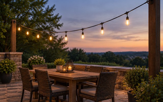 Svater S14 string lights, strung in swoops over a stone patio dining area at dusk