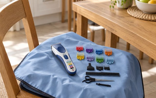 White and blue hair clipper and colour-coded guide combs on a folded cape on a kitchen chair