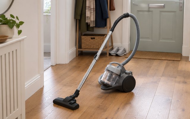 Russell Hobbs Compact XS cylinder vacuum cleaner, in a bright hallway
