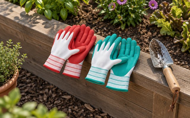 COOLJOB gardening gloves, laid on the edge of a raised garden bed beside a trowel