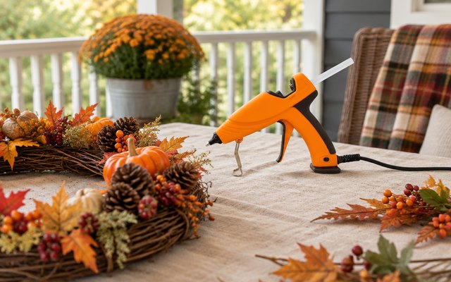Gorilla full-size glue gun, on its stand on a covered back porch table beside a fall wreath being made