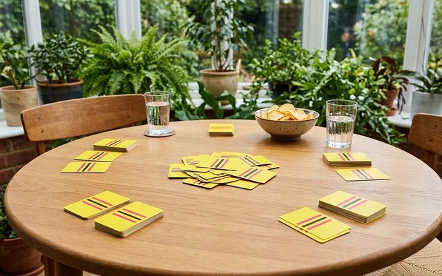 Yellow card stacks at each place and a scattered pile in the middle of a round table in a bright conservatory, beside a bowl of crisps