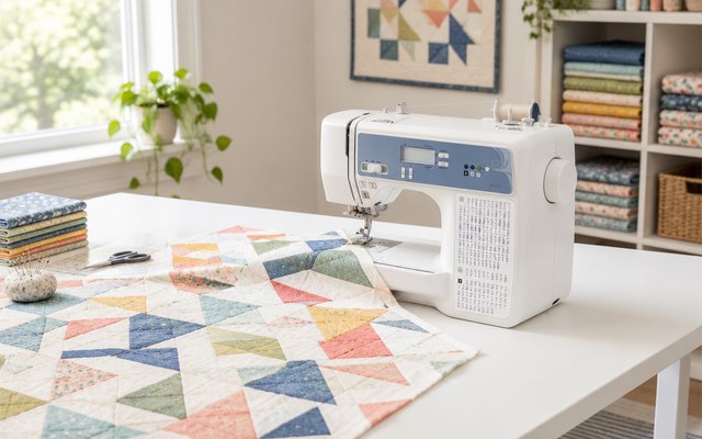 Brother XR9550 sewing machine, on a large white table in a quilting room with a patchwork quilt top in progress