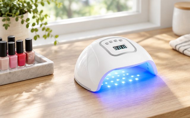 JODSONE nail lamp, on a kitchen table by a window beside a tray of nail polish