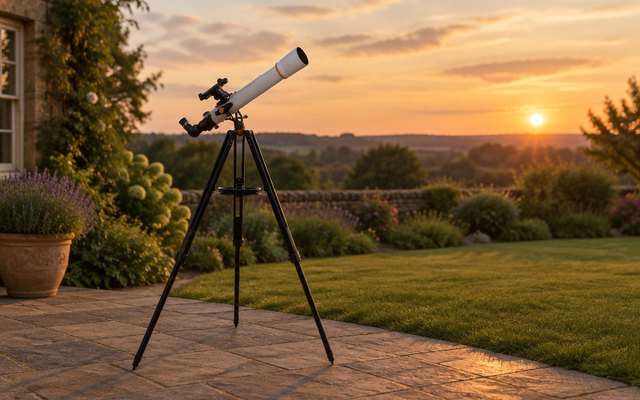 White refractor telescope with a phone dock on a garden patio at dusk