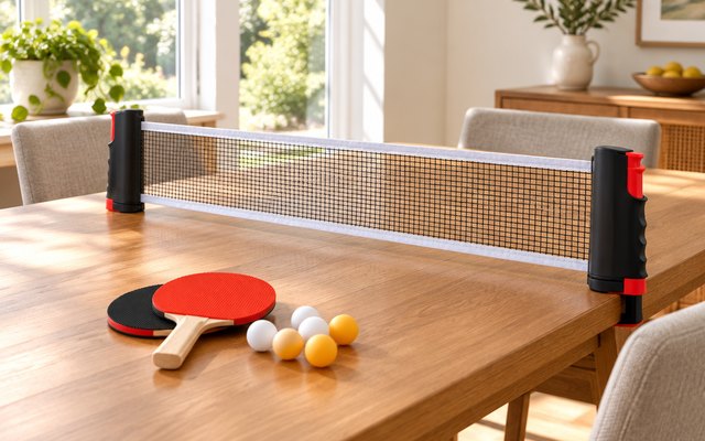 FBSPORT ping pong set, on a wooden dining table in a sunny dining room