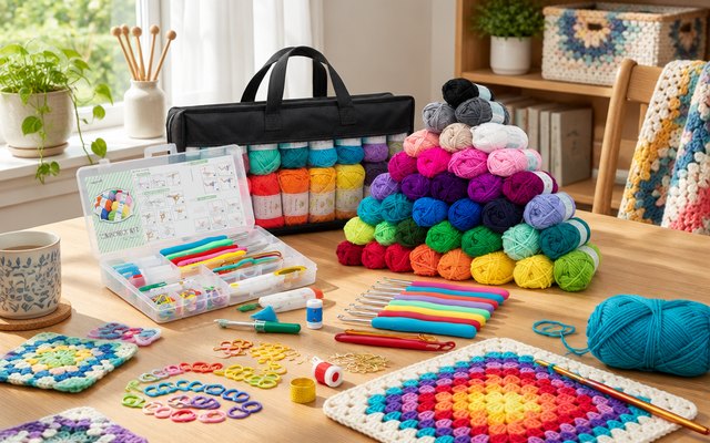 INSCRAFT crochet kit, on a craft room table by a window