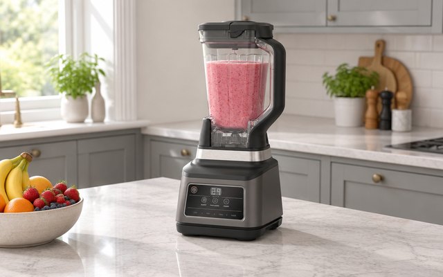 Two-in-one blender, on a worktop in a modern British kitchen with grey cabinets, a bowl of fruit nearby