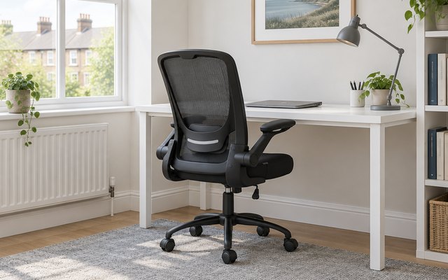 SONGMICS mesh office chair, at a desk in a light-filled home office