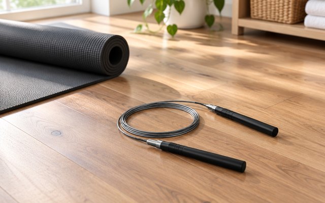 LIFEEZY speed jump rope, laid on a wooden floor in a bright home workout room beside a yoga mat