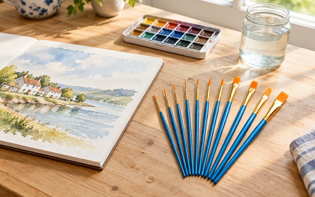 Amazon Basics paint brush set, fanned out beside a watercolour pad on a kitchen table