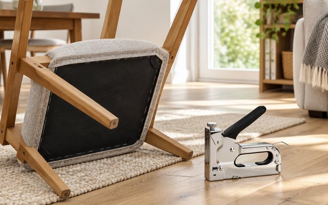 3-in-1 staple gun, on a living room floor beside an upturned dining chair with its new fabric seat stapled on