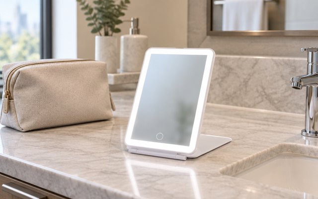 FUNTOUCH travel makeup mirror, on a hotel bathroom counter beside a toiletry bag