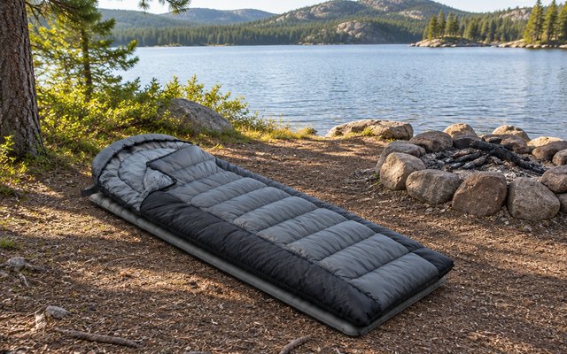 VENTURE 4TH XXL sleeping bag, laid out on a sleeping pad beside a stone fire ring at a lakeside campsite