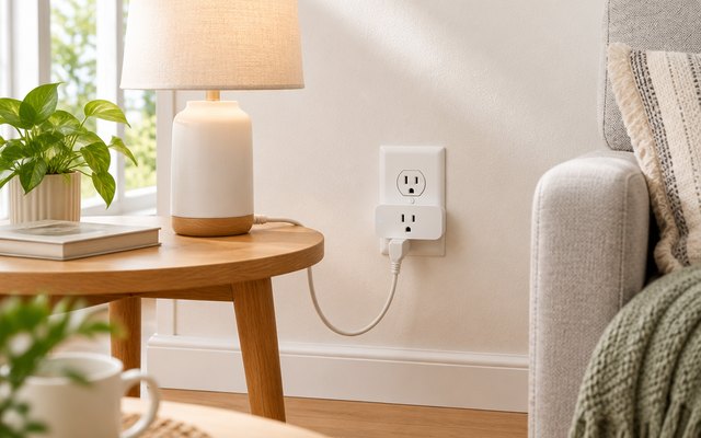 Amazon Smart Plug, smart plug in a white wall outlet beside a side table with a lamp plugged in, bright living room