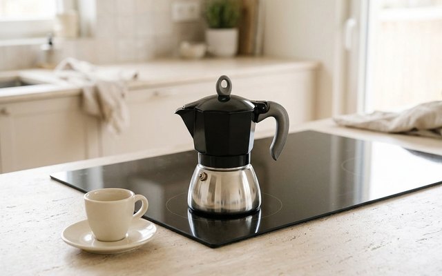 A black and steel moka pot on a black induction hob beside an espresso cup on a saucer