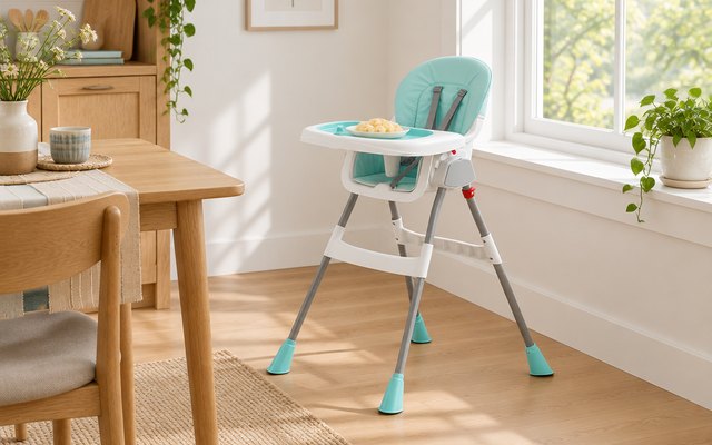 Dream On Me TableTalk 2-in-1 Convertible High Chair, wooden-look high chair at a cozy dining nook by a window, a small plate of sliced banana on its tray
