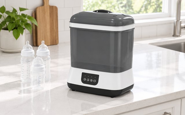 Dr. Brown's All-in-One sterilizer and dryer, on a white quartz counter in a bright American kitchen beside a few clean baby bottles