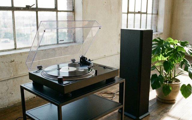 A black direct-drive turntable with its clear lid raised on a black metal stand in a bright loft, beside a tall floor speaker and a leafy plant