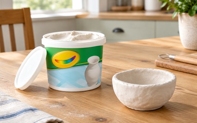 Crayola Air Dry Clay tub, on a kitchen table with a small handmade bowl drying beside it