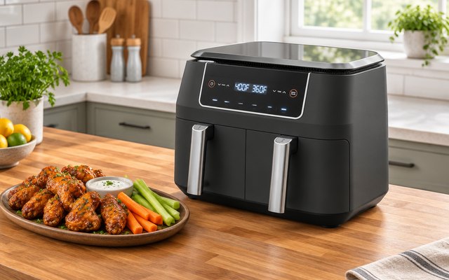 Ninja Foodi DualZone air fryer, on a butcher-block counter in a family kitchen beside a platter of chicken wings and vegetables