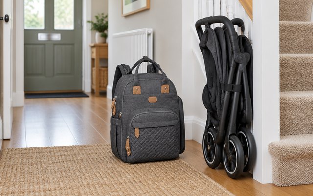 Dikaslon changing bag backpack, on the hallway floor of a house beside a folded pushchair