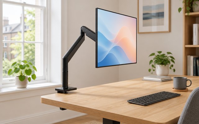 Invision MX450 monitor arm, clamped to an oak desk holding a monitor in a bright home office