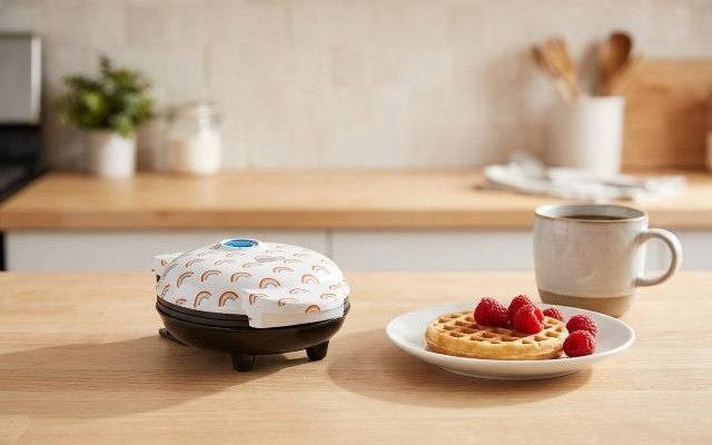 White mini waffle maker with a rainbow print, on a kitchen counter beside a small waffle