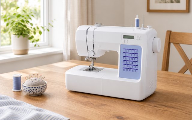 Brother CS5055 sewing machine, on a dining table by a window with a spool of thread and a pincushion