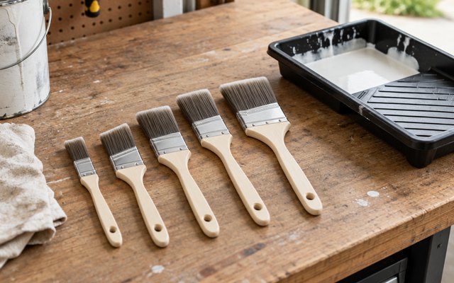 Five Coltree paint brushes, laid side by side on a garage workbench beside a paint tray
