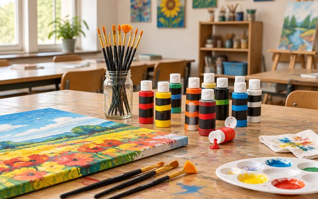 Acrylic paint bottles and brushes from the set, several of the bottles and brushes on a long table in a community art classroom beside a painted canvas