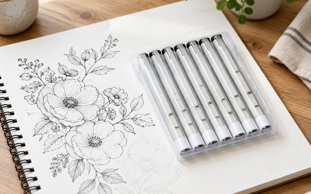 Black fineliner pens on an open sketchbook page with a half-finished drawing