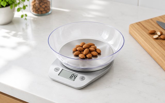 Etekcity food scale with bowl, on a white kitchen counter beside a cutting board