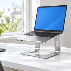BESIGN LS03 Aluminum Laptop Stand, holding an open laptop with a plain blue desktop screen on a tidy white desk by a window