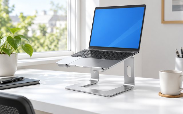 BESIGN LS03 Aluminum Laptop Stand, holding an open laptop with a plain blue desktop screen on a tidy white desk by a window