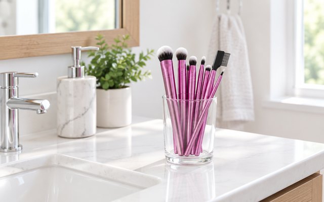 Real Techniques eye brush set, standing in a clear glass cup on a white vanity in a bright bathroom