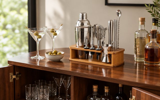 A stainless steel cocktail set in a bamboo stand on a walnut drinks cabinet, beside martini glasses and a small bowl of olives