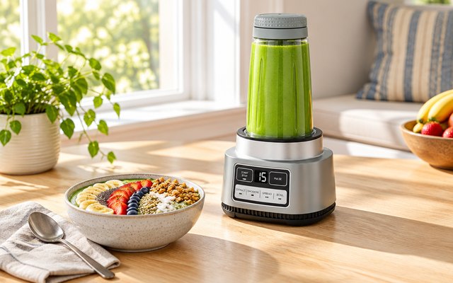 Ninja Foodi personal blender, on a light wood counter in a sunny breakfast nook, a smoothie bowl beside it