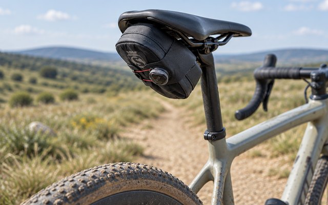 SILCA Mattone Saddle Bag with BOA, under the saddle of a gravel bike on a dirt track in open countryside