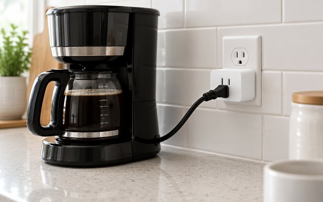 Philips Hue Smart Plug, in a wall outlet in a kitchen with a coffee maker plugged in